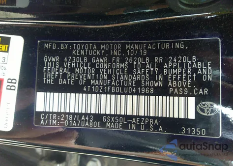 2020 Toyota Avalon Limited from USA, damaged, VIN 4T1DZ1FB0LU041968